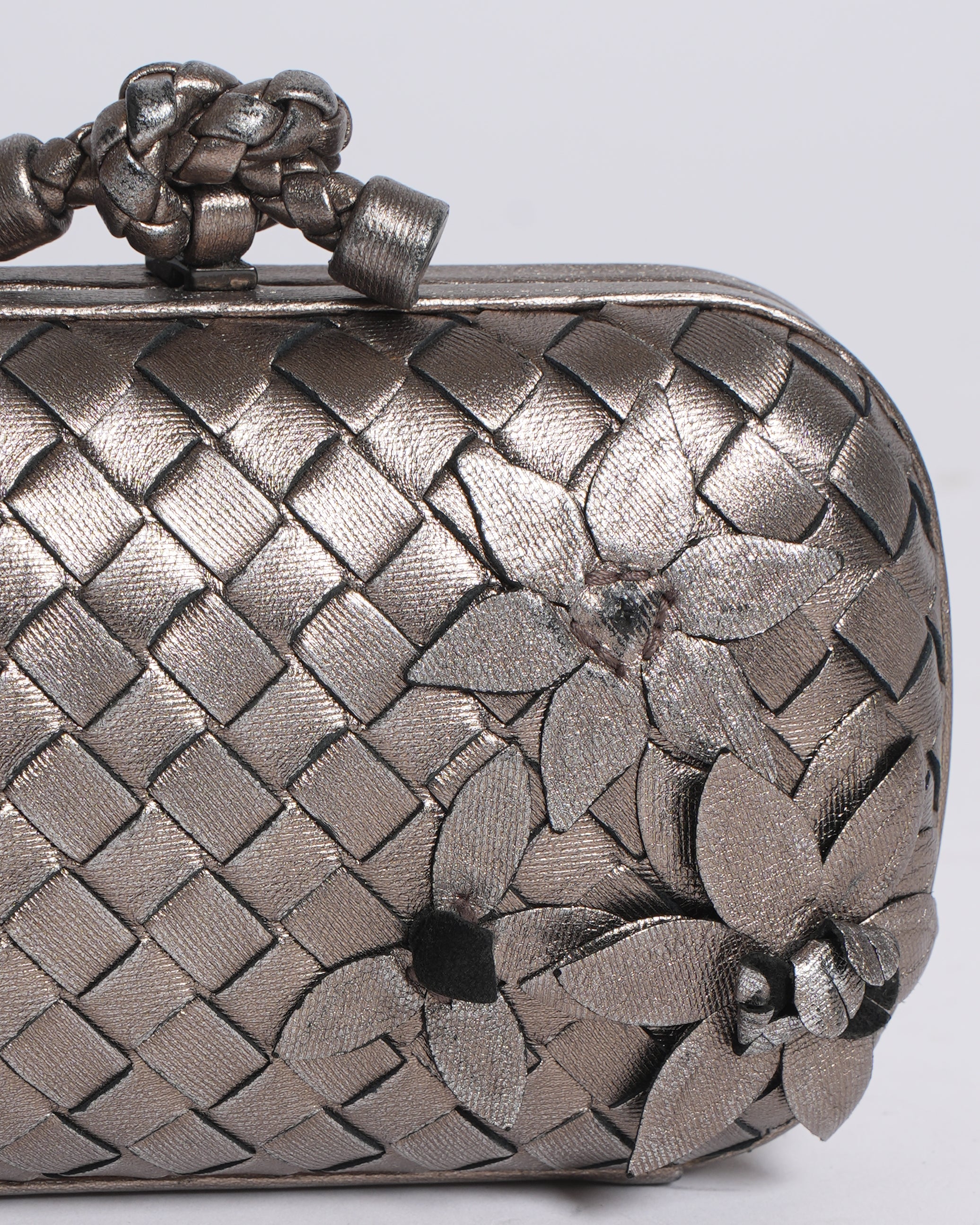 Bottega Veneta Silver Knot Clutch With FLoral Detailing