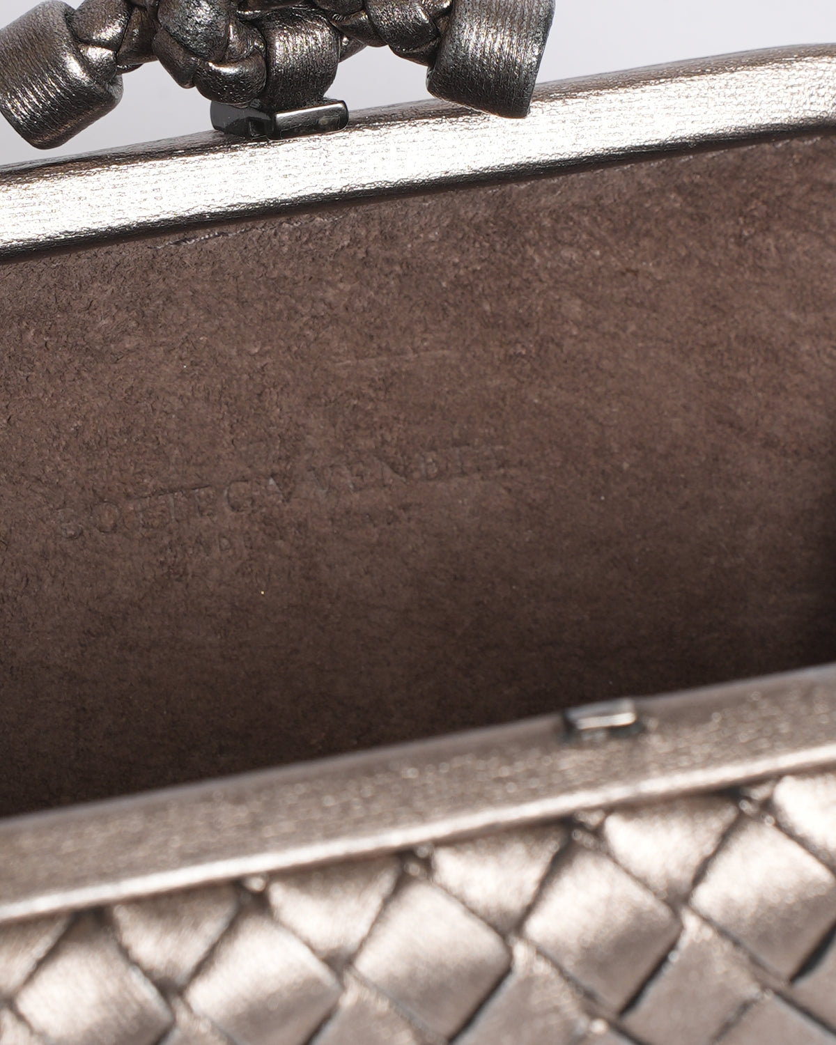 Bottega Veneta Silver Knot Clutch With FLoral Detailing