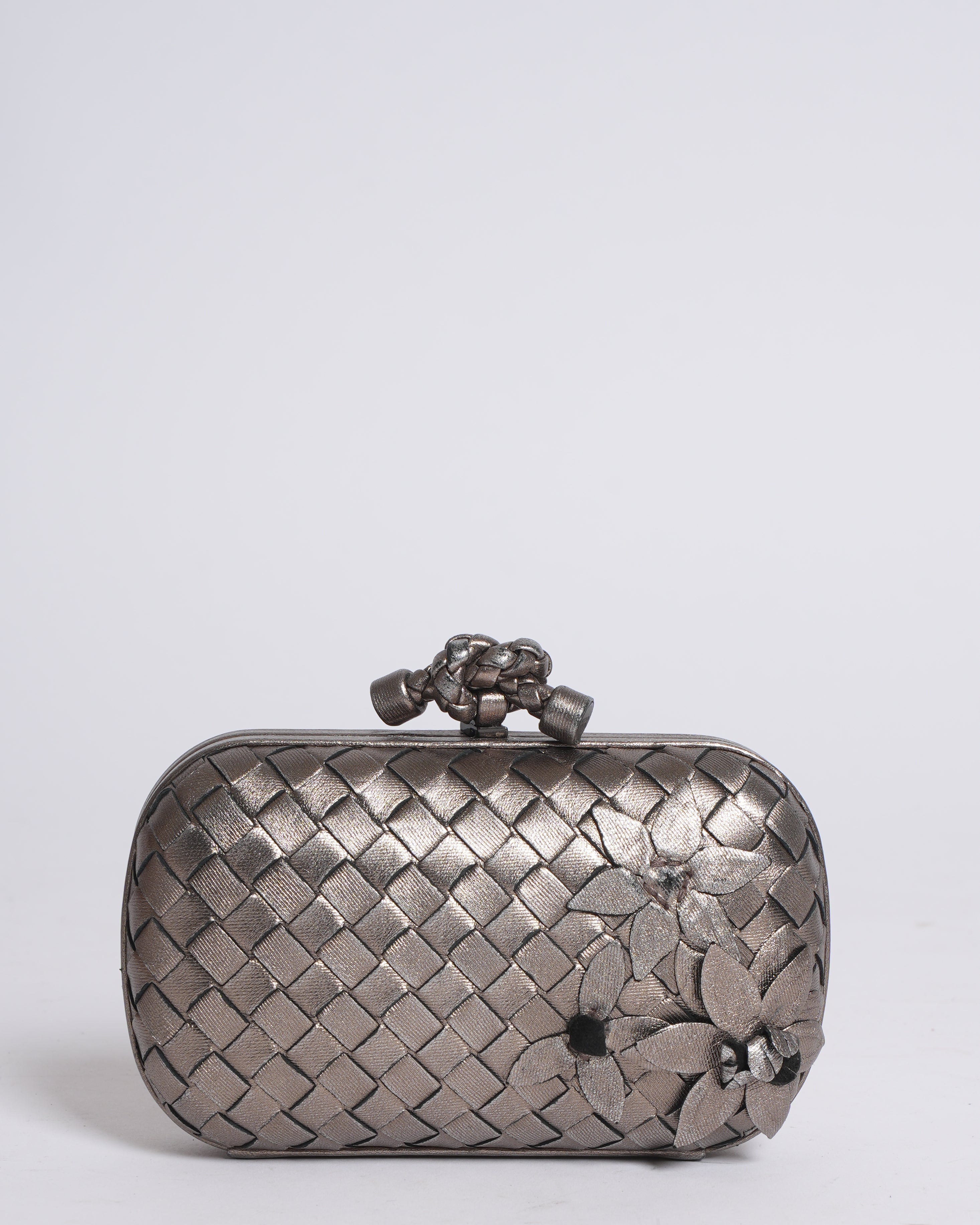 Bottega Veneta Silver Knot Clutch With FLoral Detailing