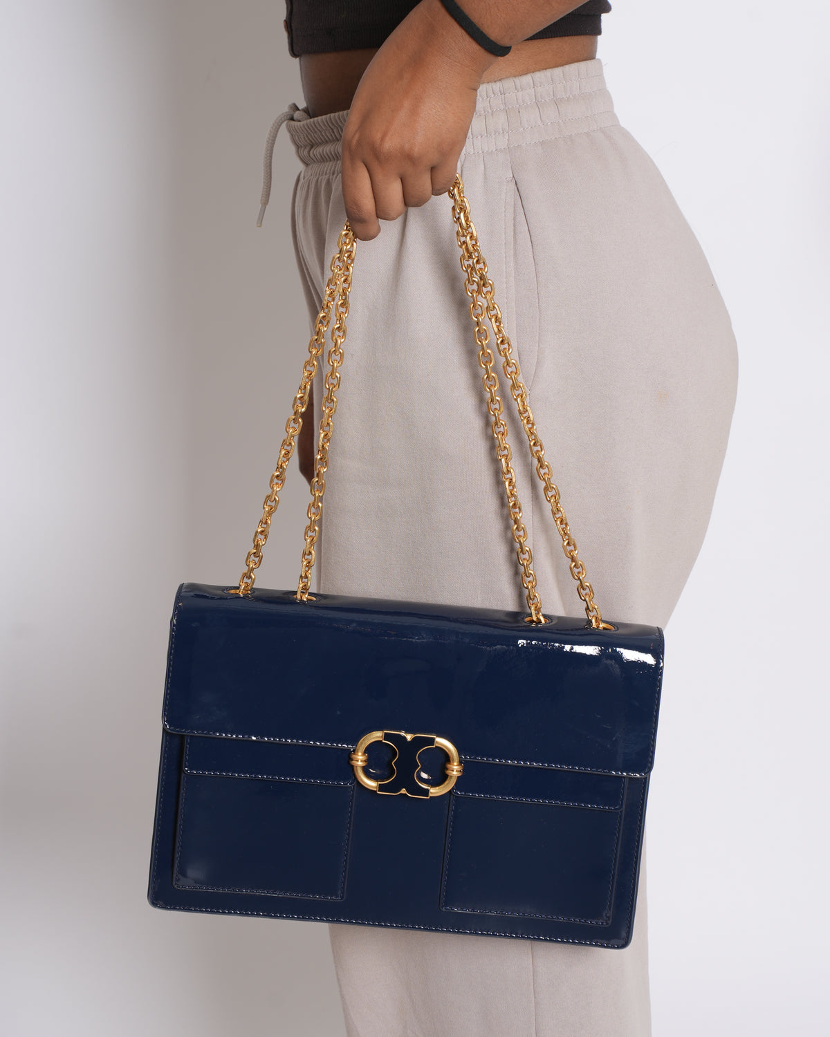 Tory Burch Gemini Link Patent Leather Golden Chain Shoulder Bag