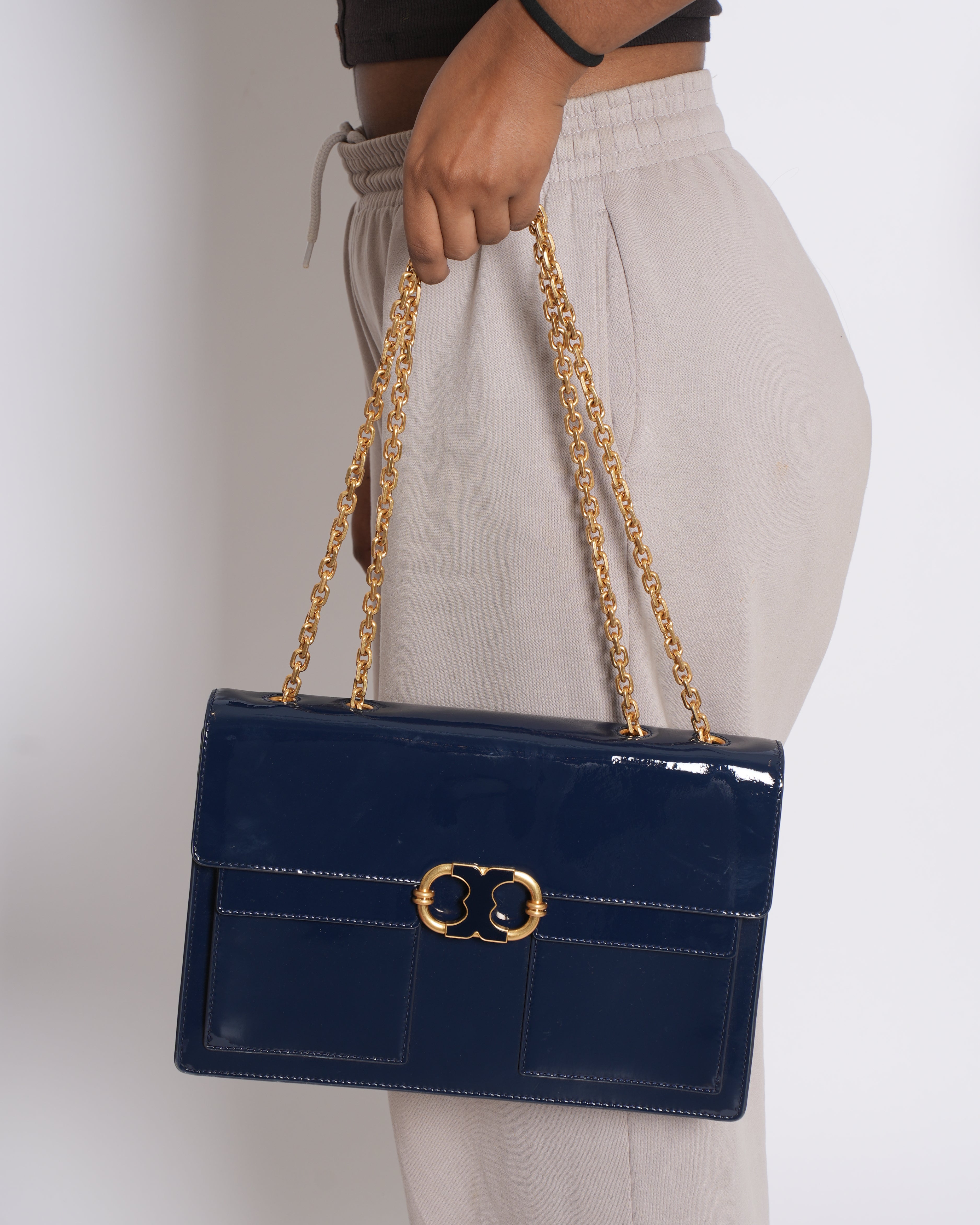 Tory Burch Gemini Link Patent Leather Golden Chain Shoulder Bag