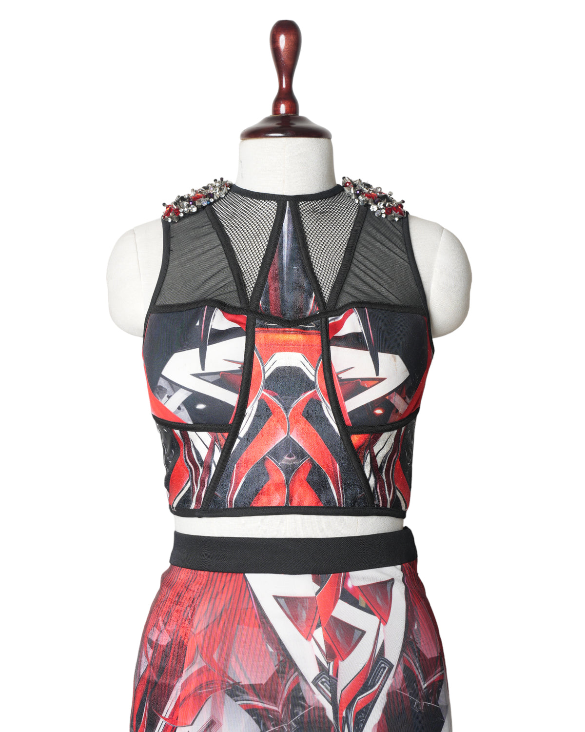 Falguni & Shane Peacock Red Top With Stud & Skirt