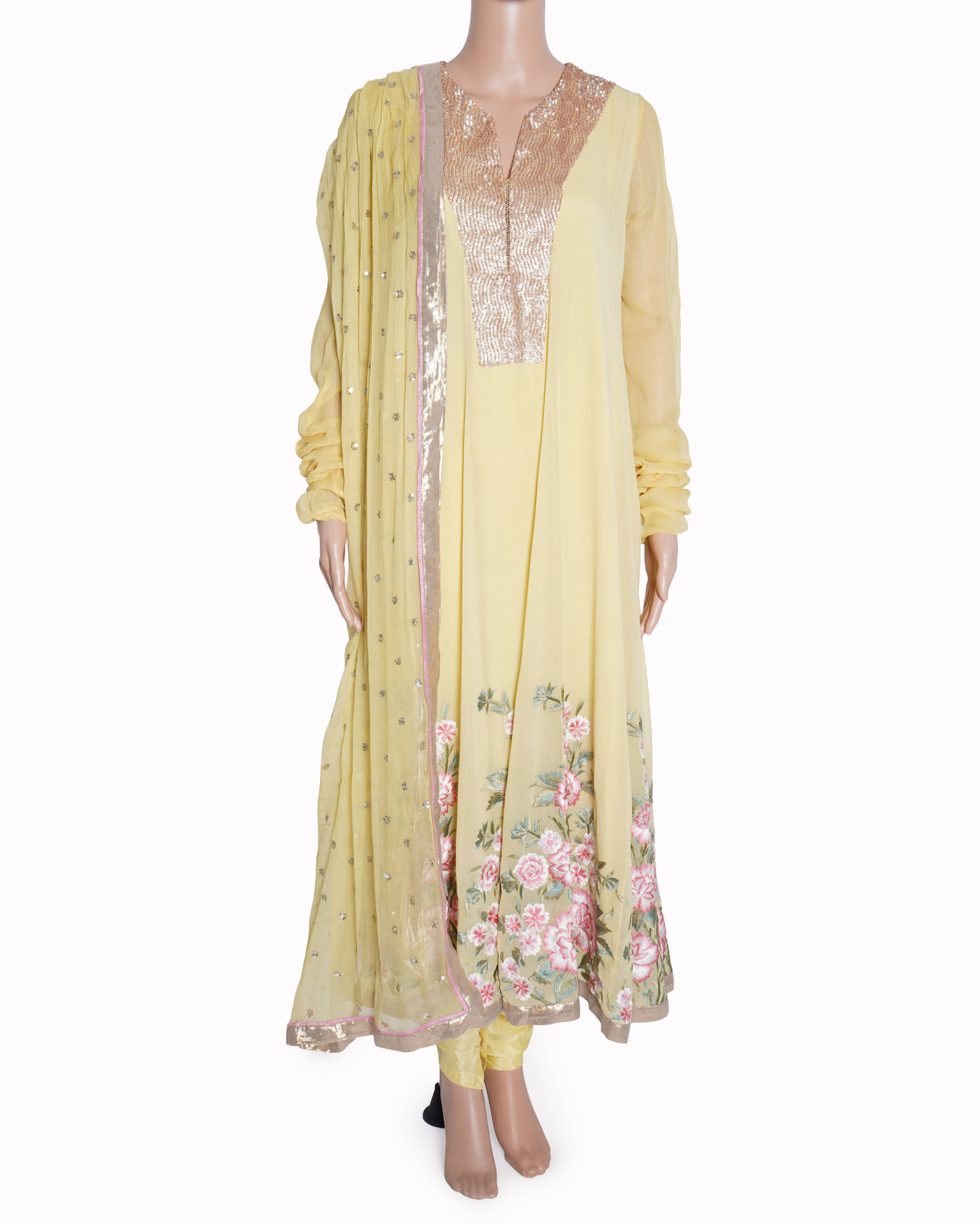 Pankaj & Nidhi ( set of 3 )
Yellow embroided Anarkali