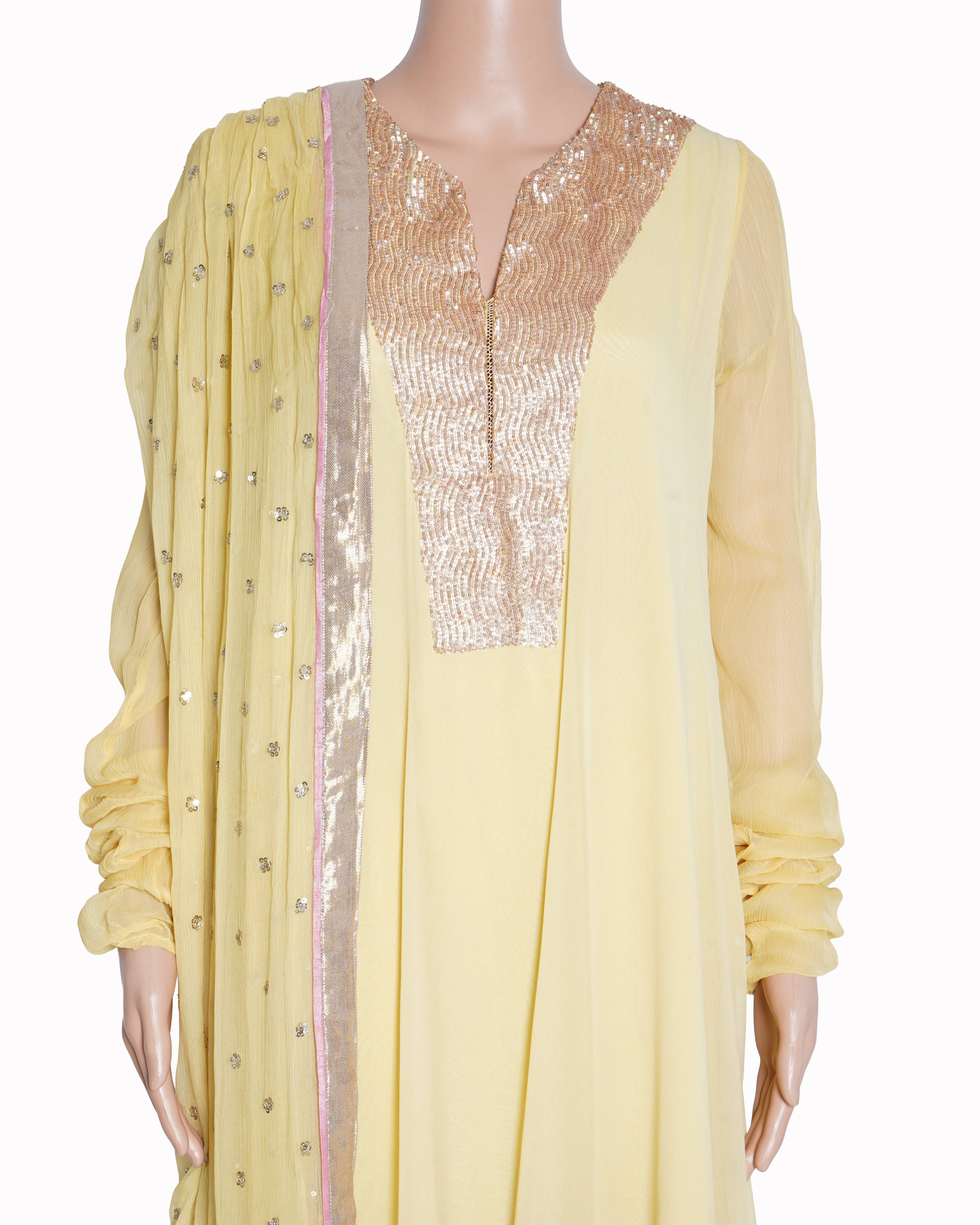 Pankaj & Nidhi ( set of 3 )
Yellow embroided Anarkali