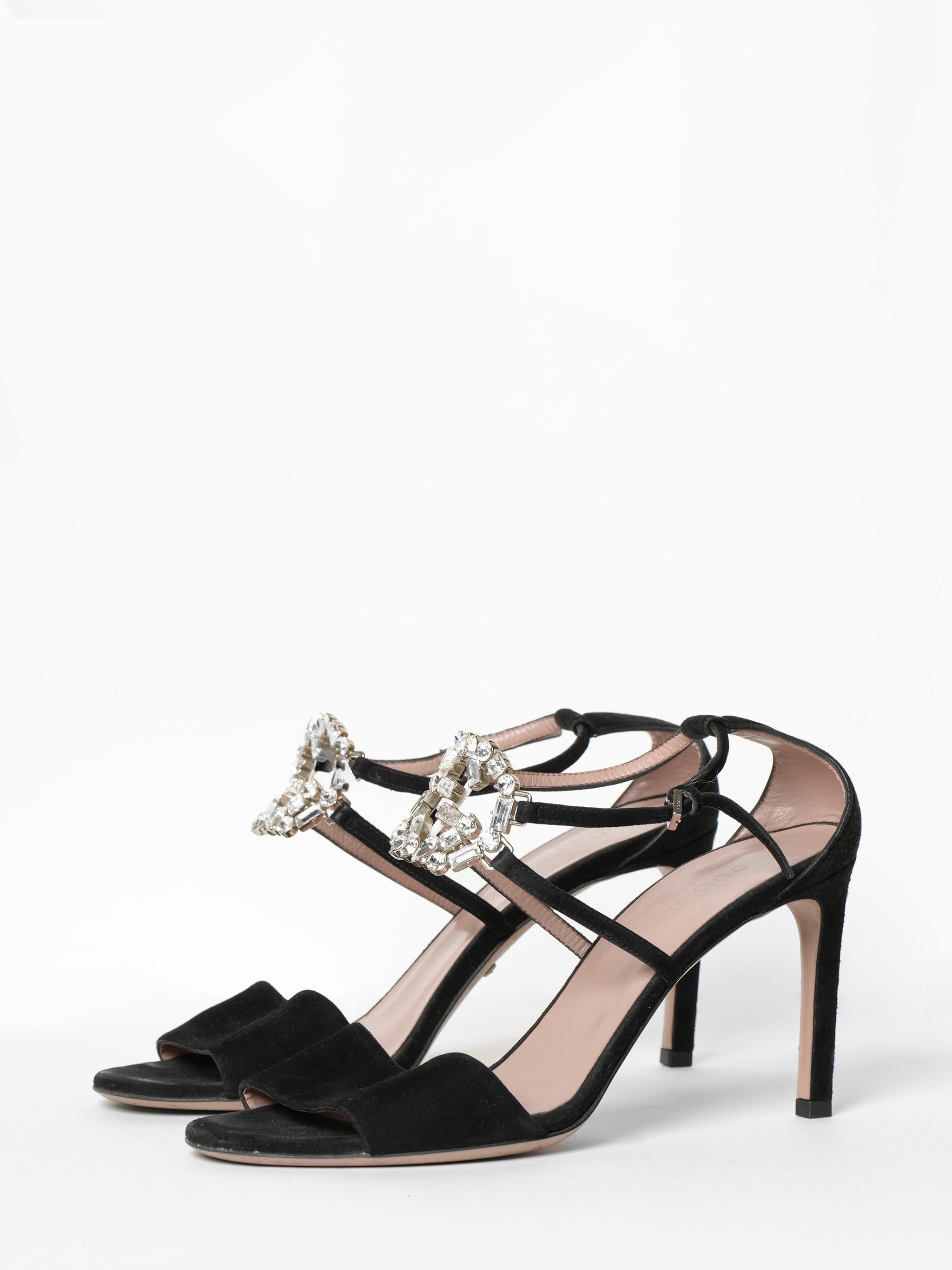 Gucci Black Suede Crystal Embelished GG Interlock Strap Sandal