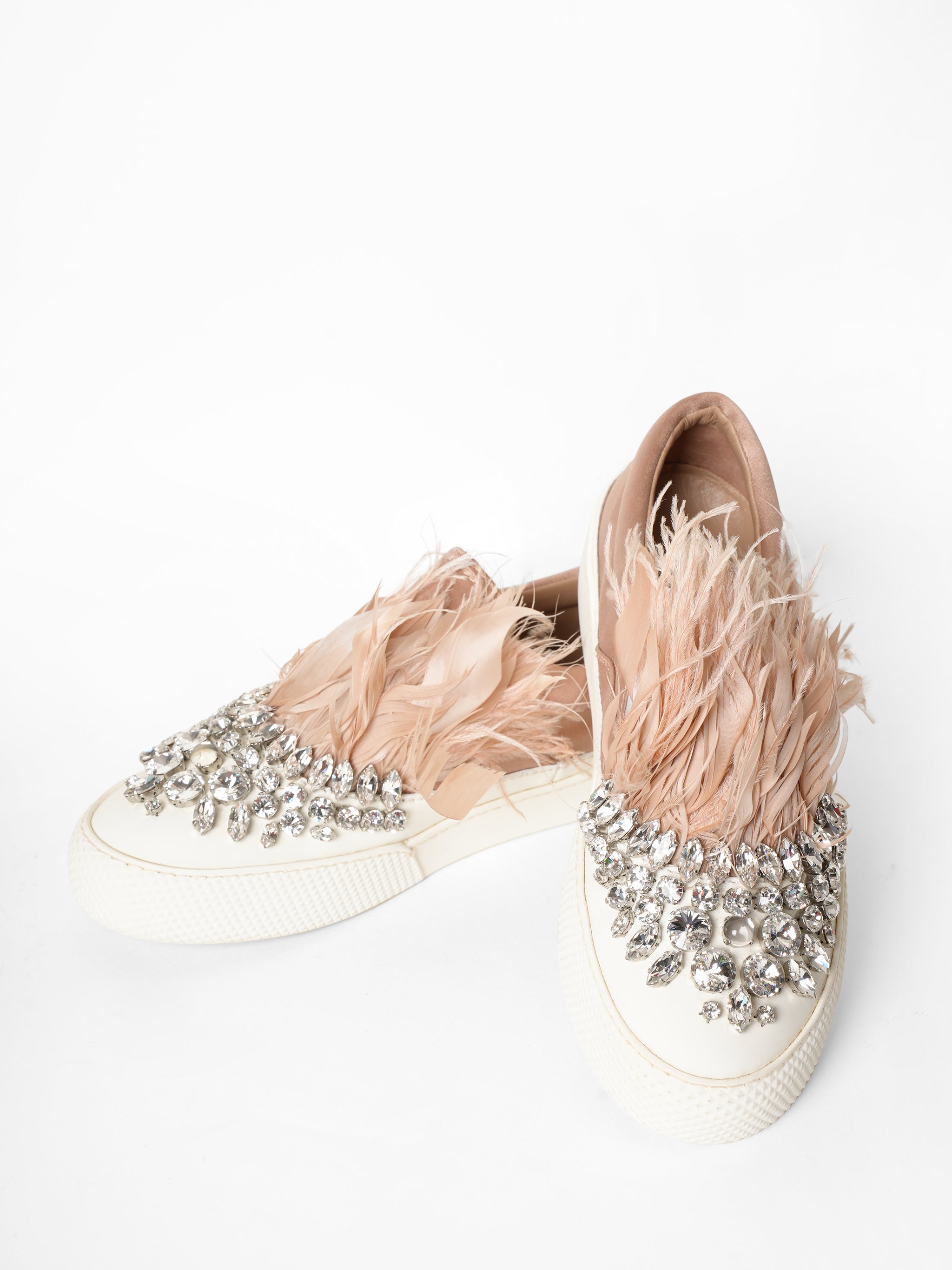 Miu Miu Sneakers In Satin With Rhinestones & Feather