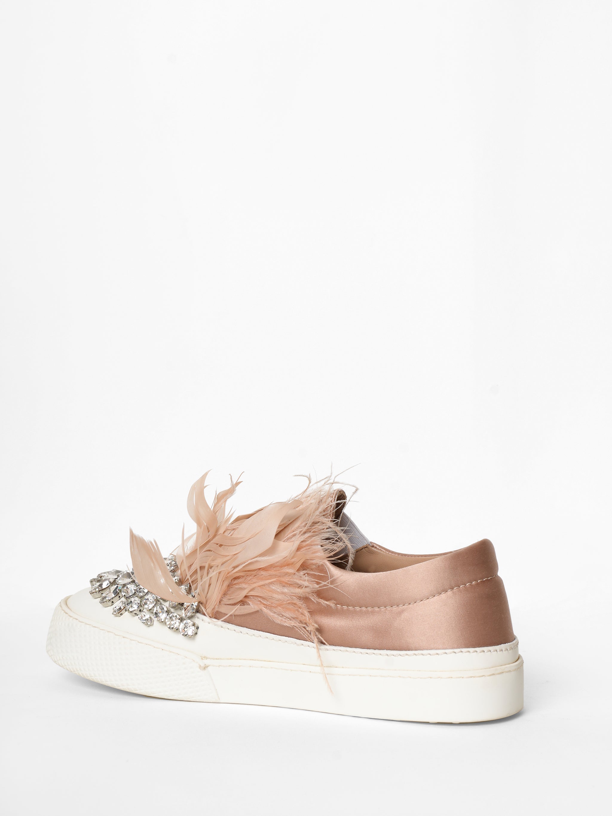 Miu Miu Sneakers In Satin With Rhinestones & Feather