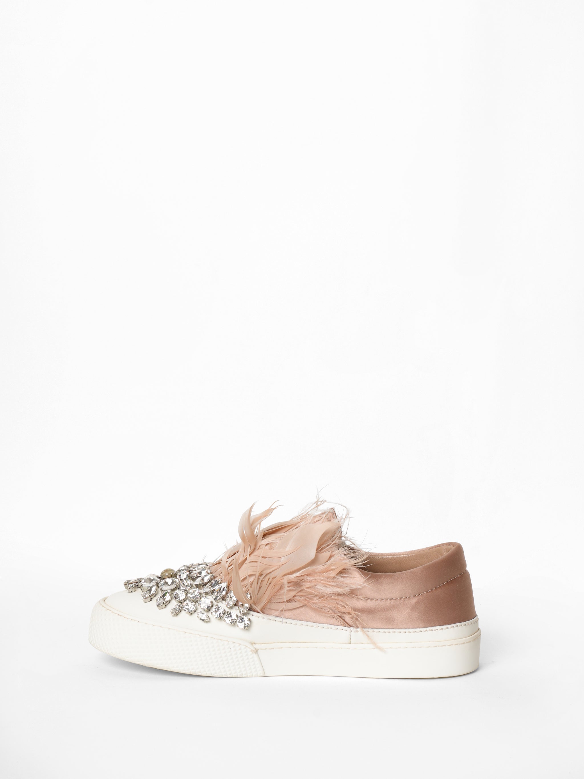 Miu Miu Sneakers In Satin With Rhinestones & Feather