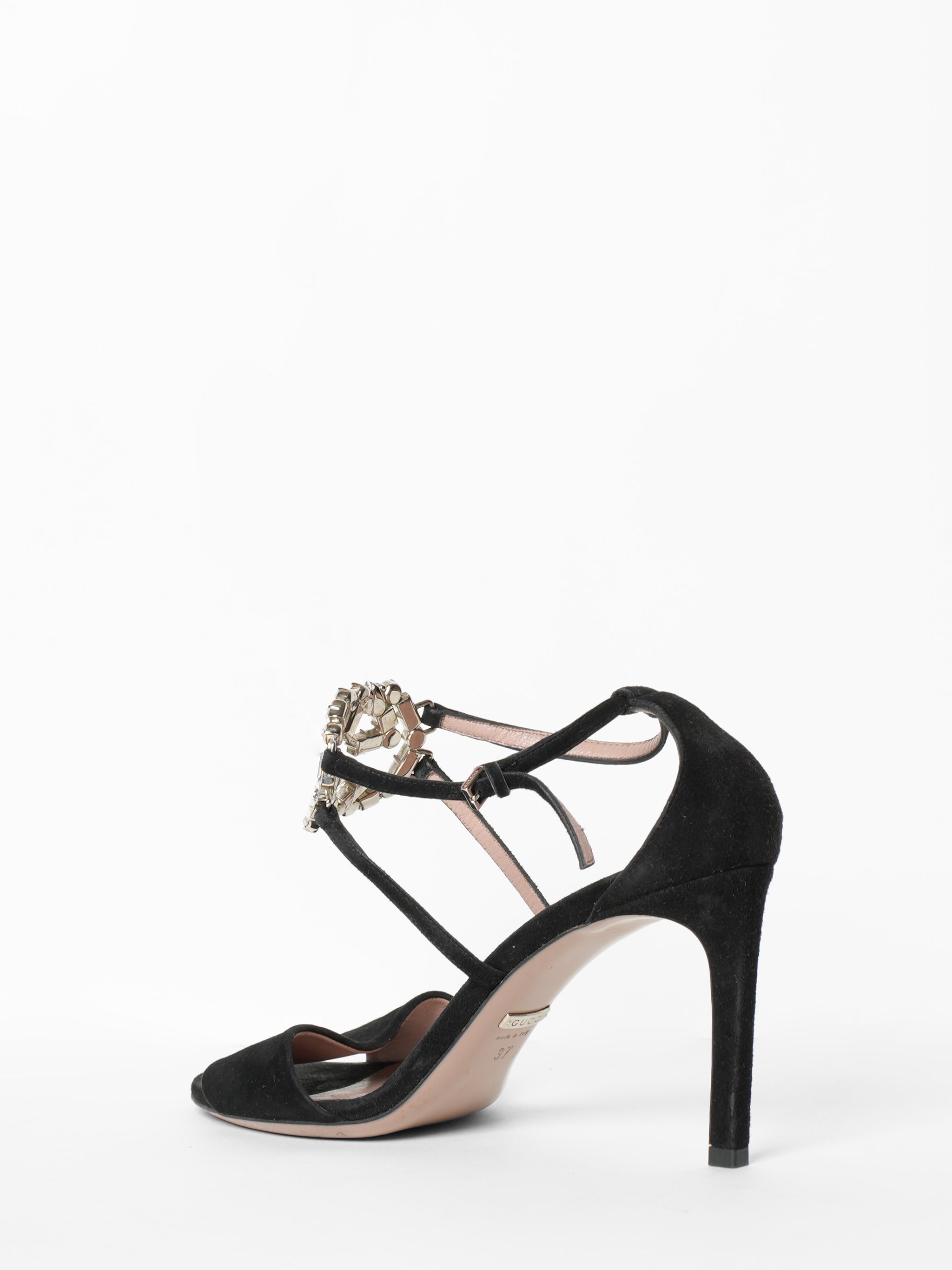 Gucci Black Suede Crystal Embelished GG Interlock Strap Sandal