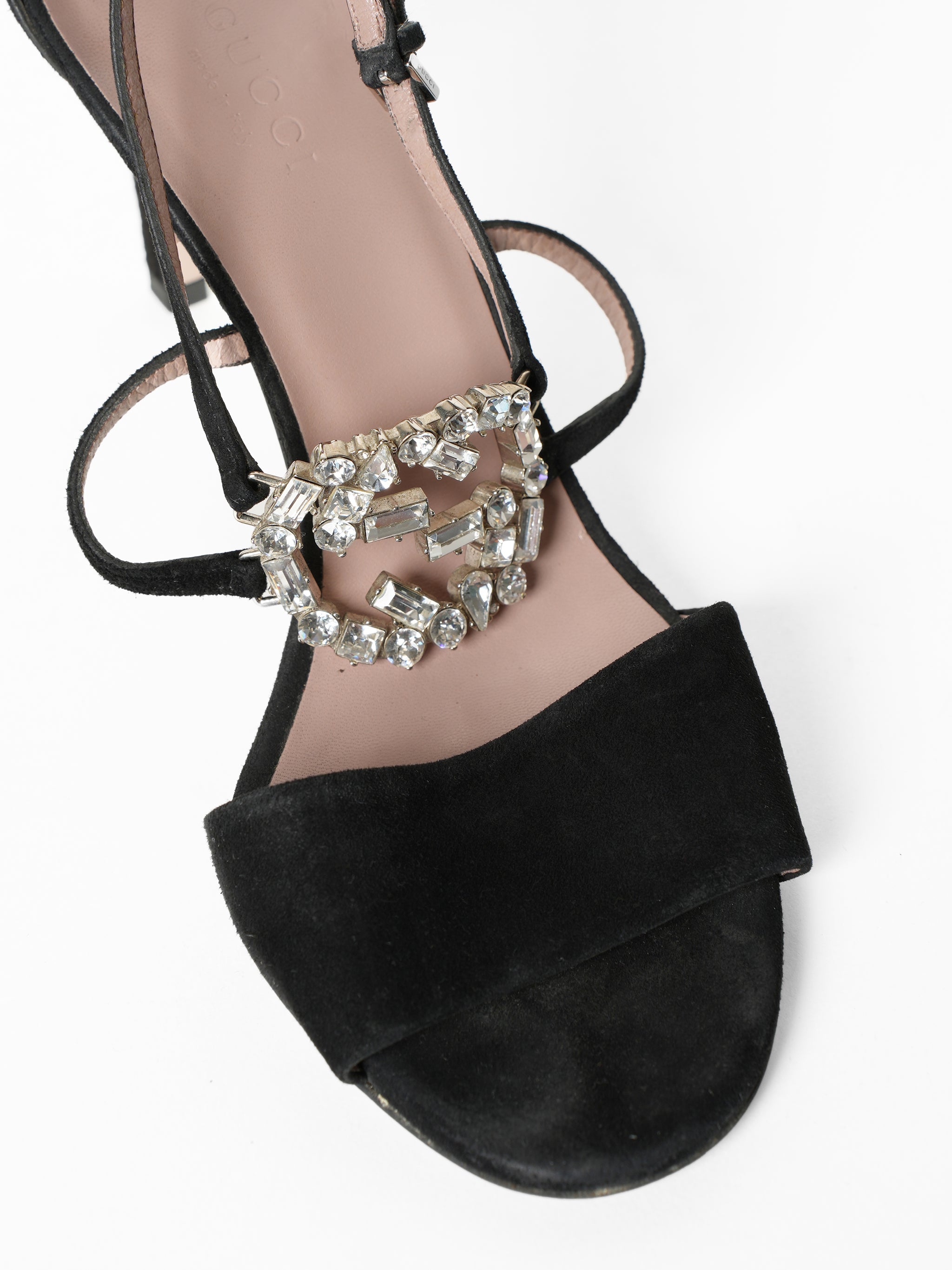 Gucci Black Suede Crystal Embelished GG Interlock Strap Sandal