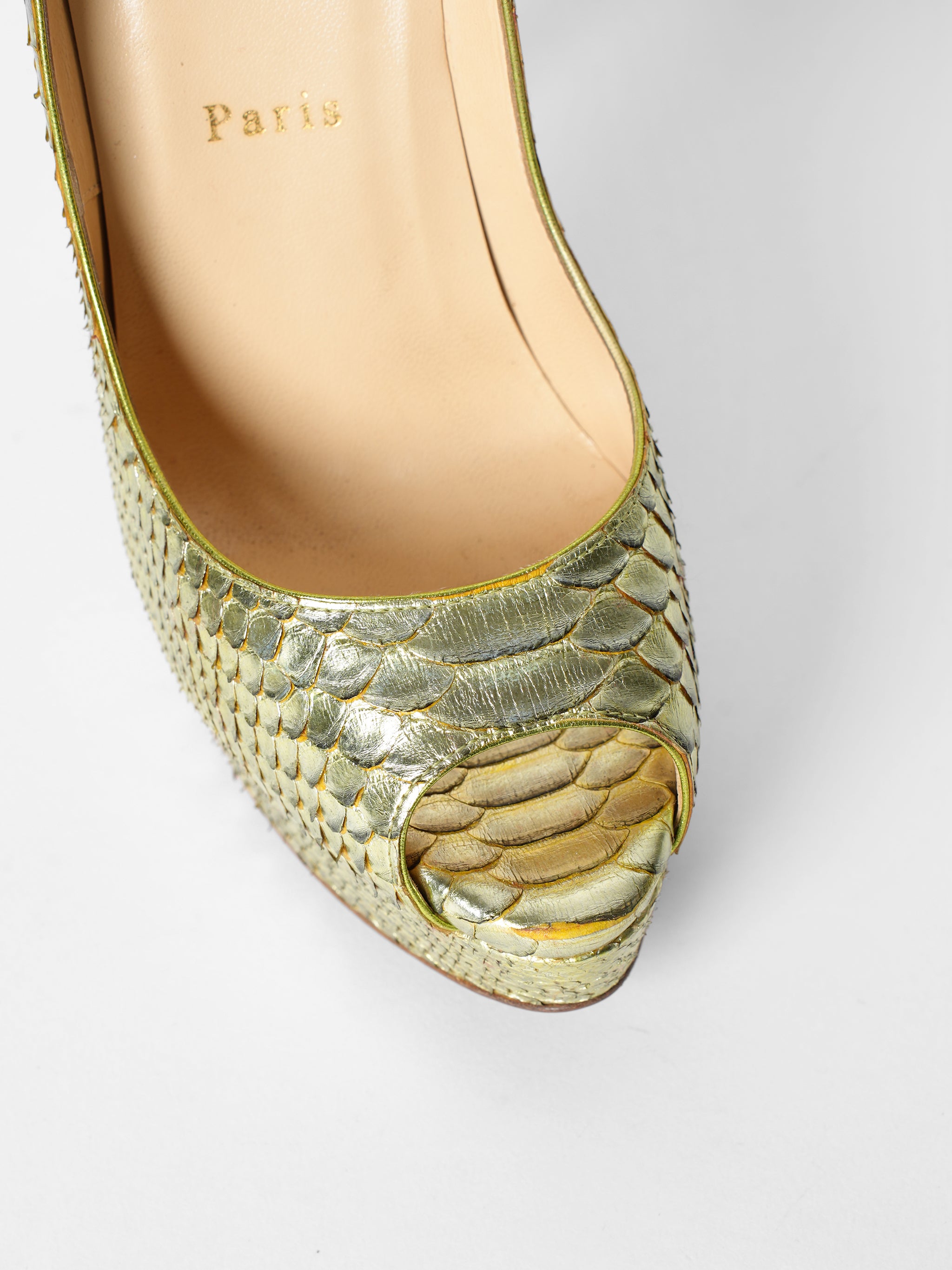 Christian Louboutin Gold Python Lady Peep Toe