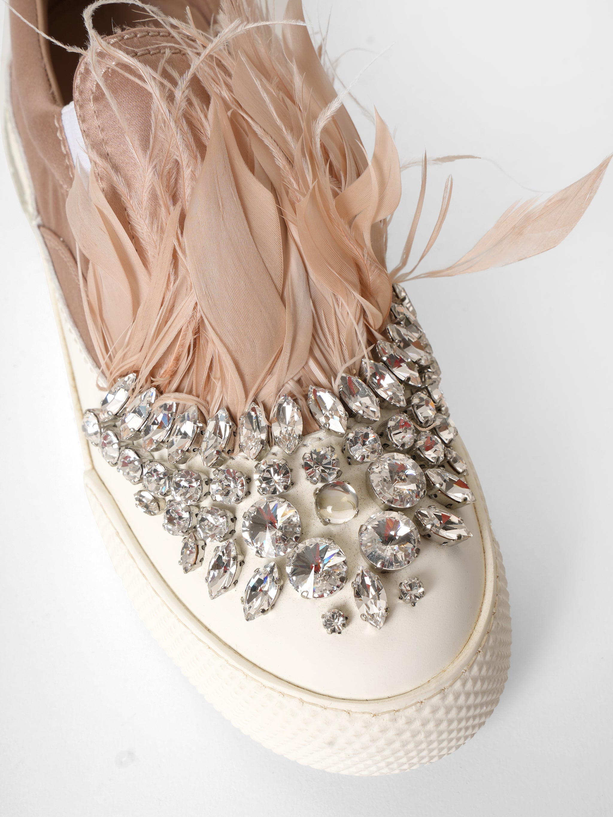 Miu Miu Sneakers In Satin With Rhinestones & Feather