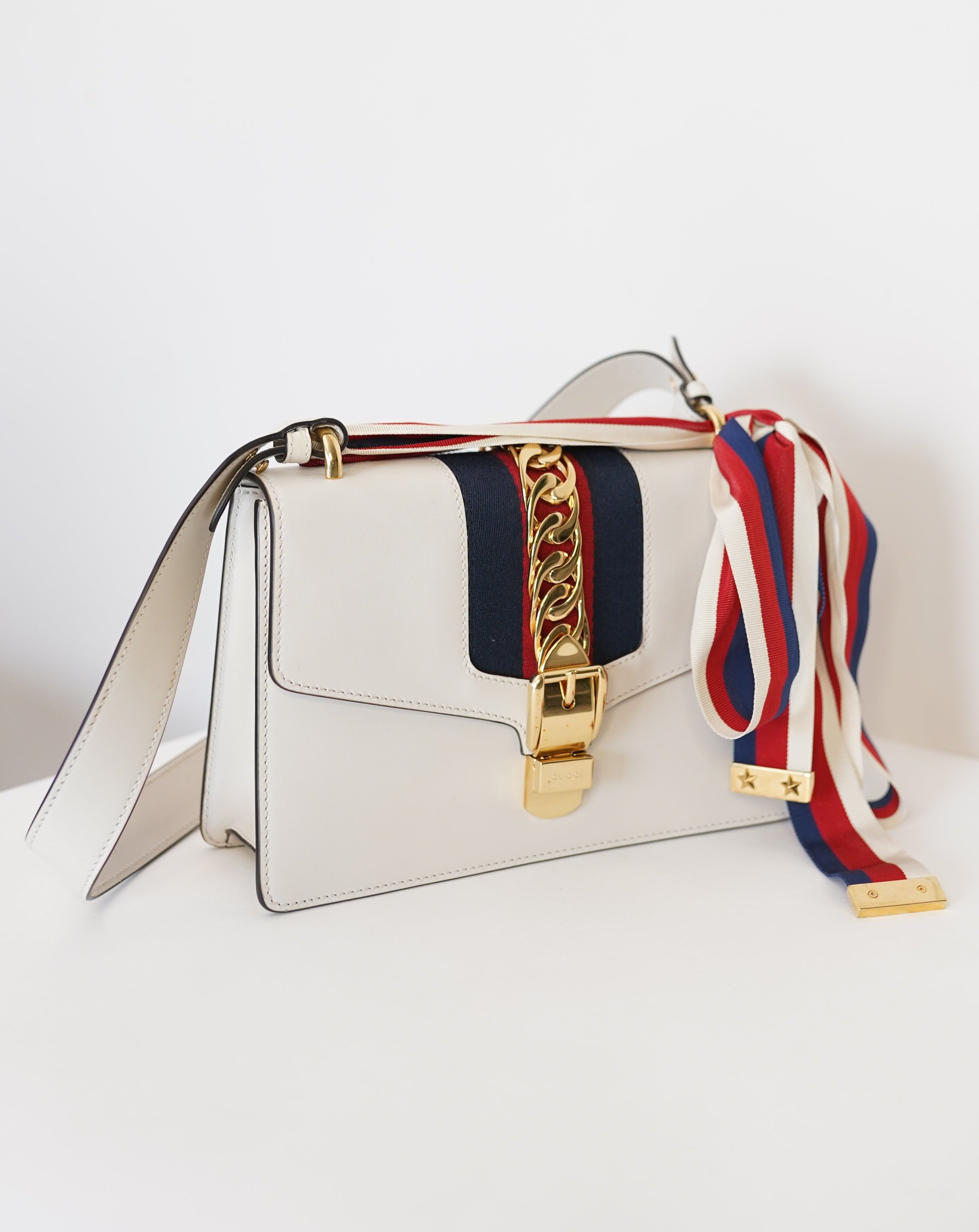 Gucci White Sylvie Flap Chain Leather