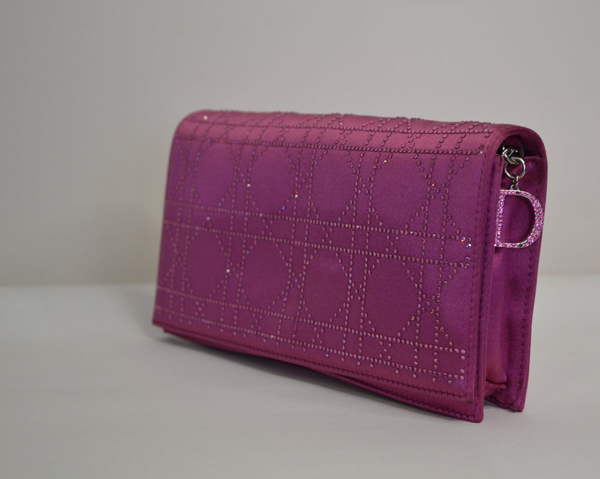 Christian Dior  Burgundy Satin Clutch With Rhinestones And Thin Silver Chain