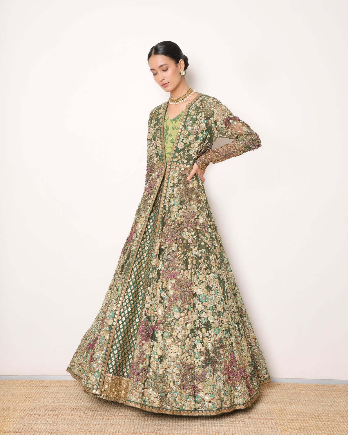 Sabyasachi Green Lehenga With Heavy Zari & Sequins Work Jacket Sabyasachi Green Lehenga With Heavy Zari & Sequins Work Jacket