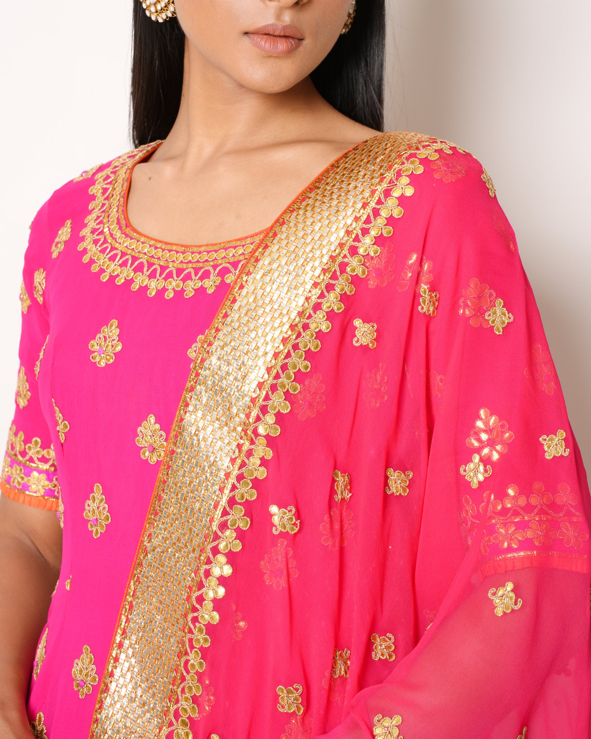 Saffron-Nidhi Tholia Pink Sharara Set With Gota Patti Work