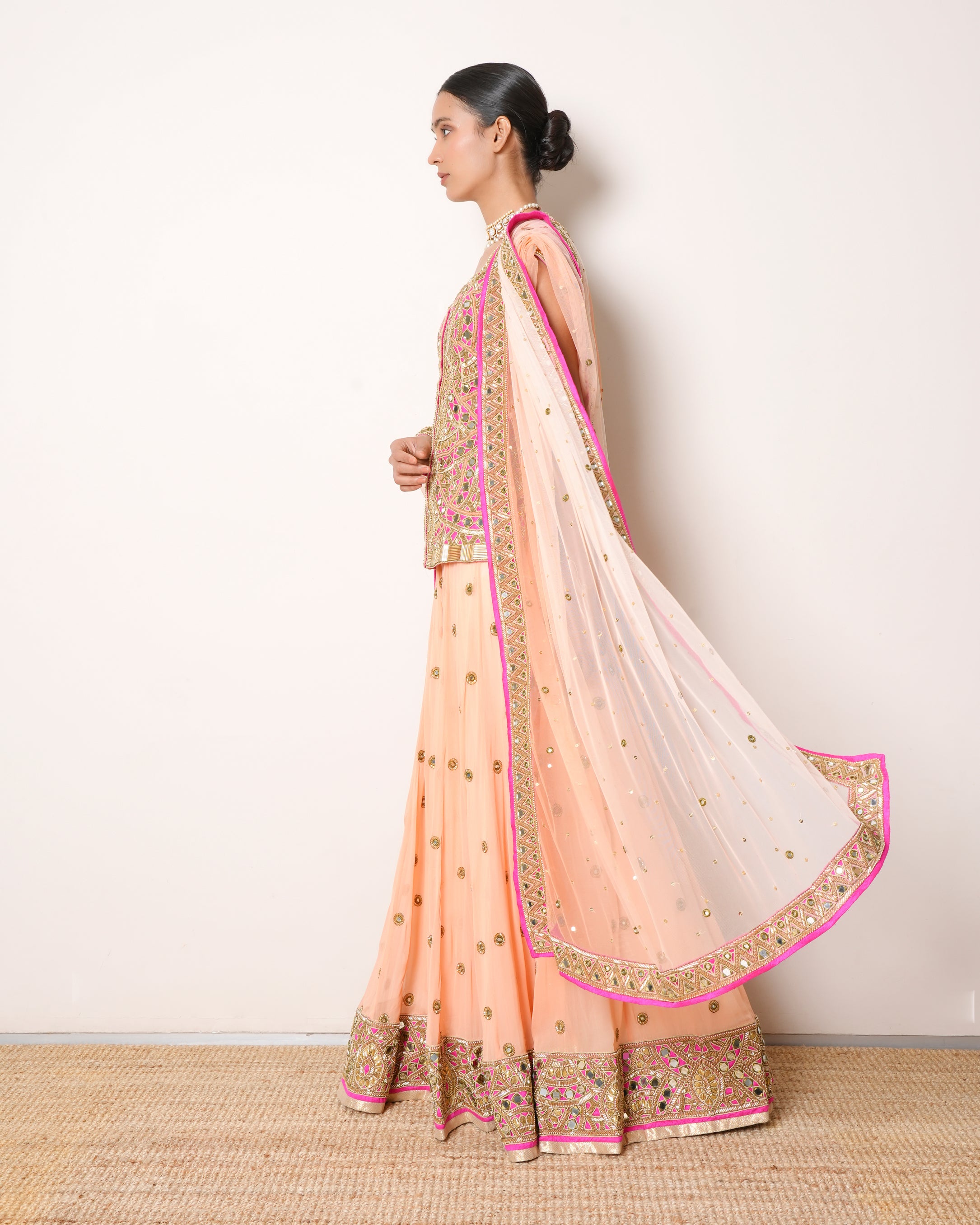 Arpita Mehta Peach Lehenga With Mirror Work