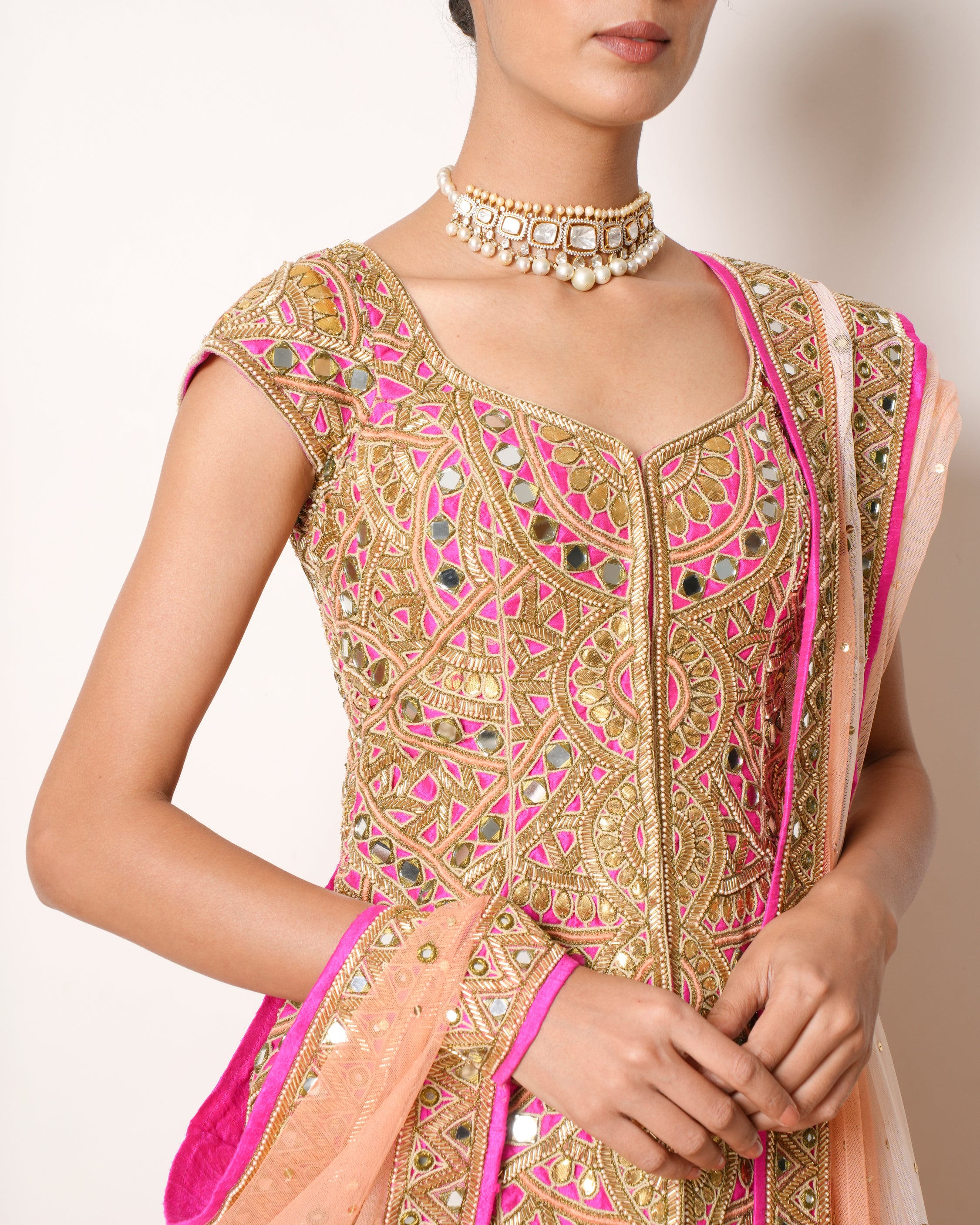 Arpita Mehta Peach Lehenga With Mirror Work