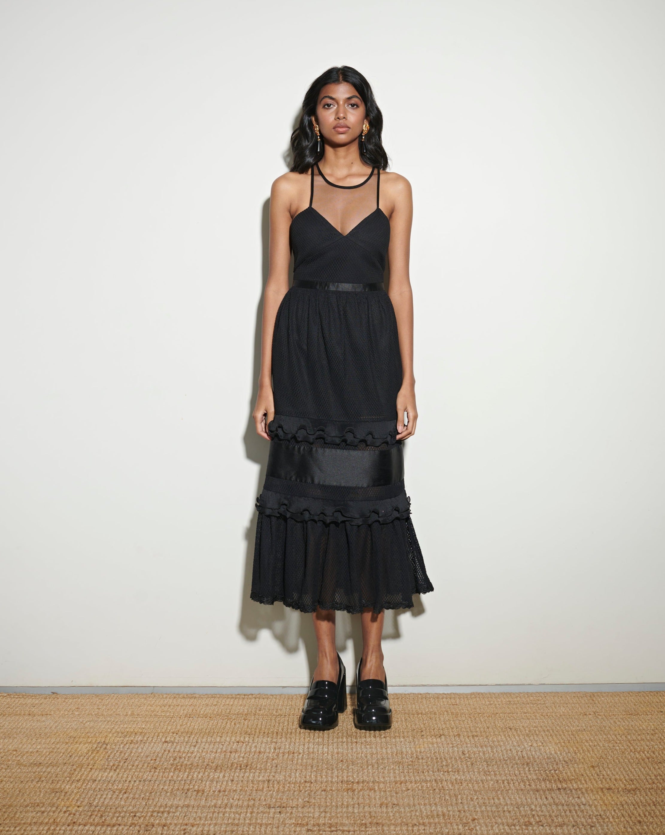 Three Floor Black Frill Long Dress