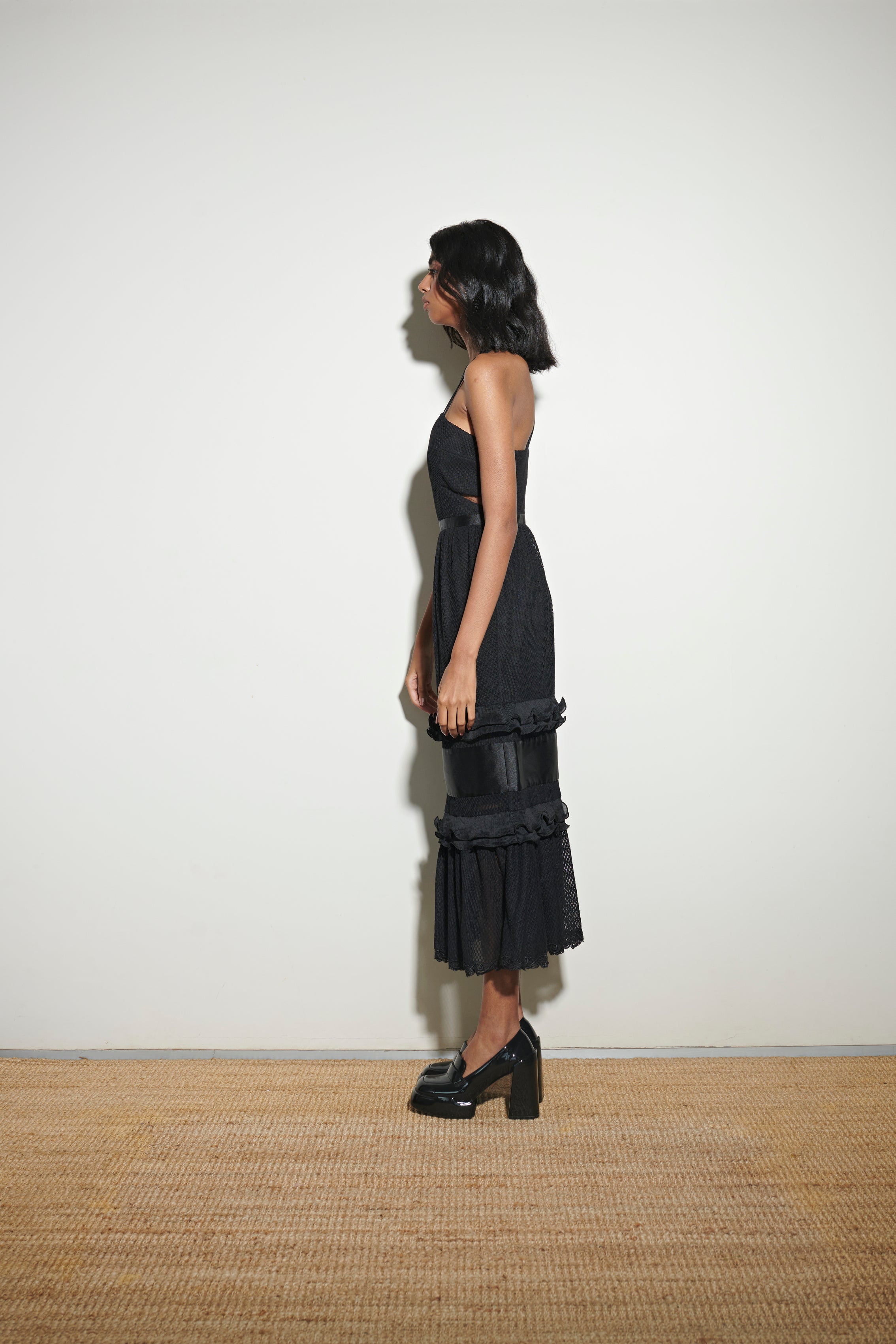 Three Floor Black Frill Long Dress