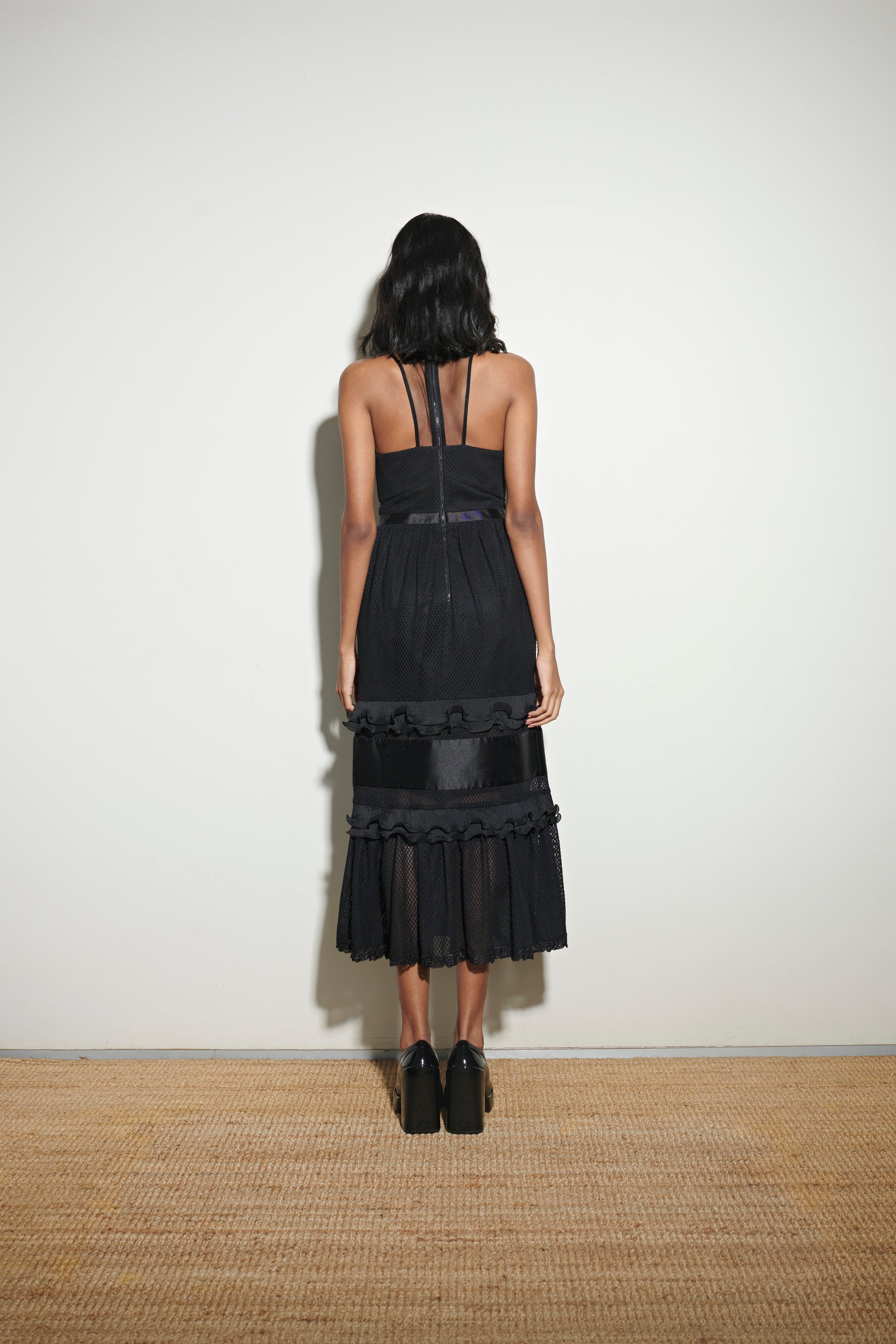 Three Floor Black Frill Long Dress