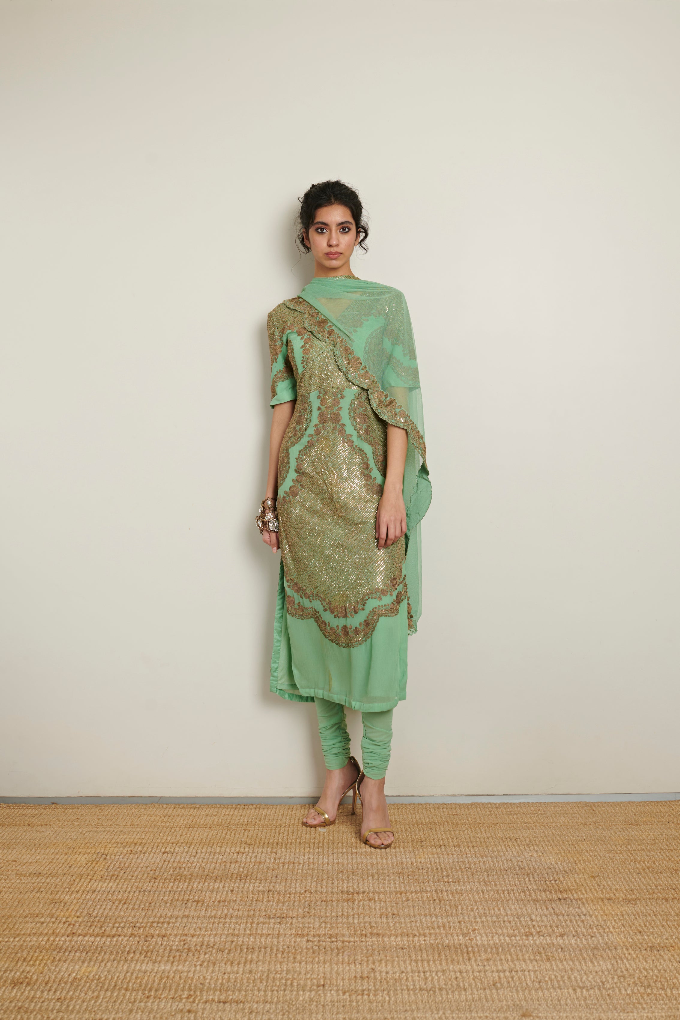 Nupur Kanoi Sage Green Suit With Heavy Sequins Work