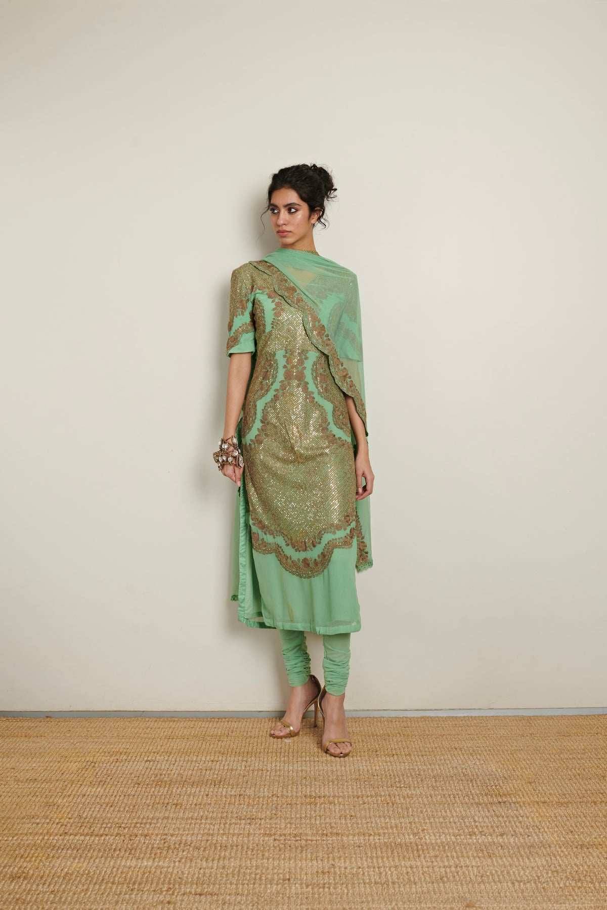 Nupur Kanoi Sage Green Suit With Heavy Sequins Work