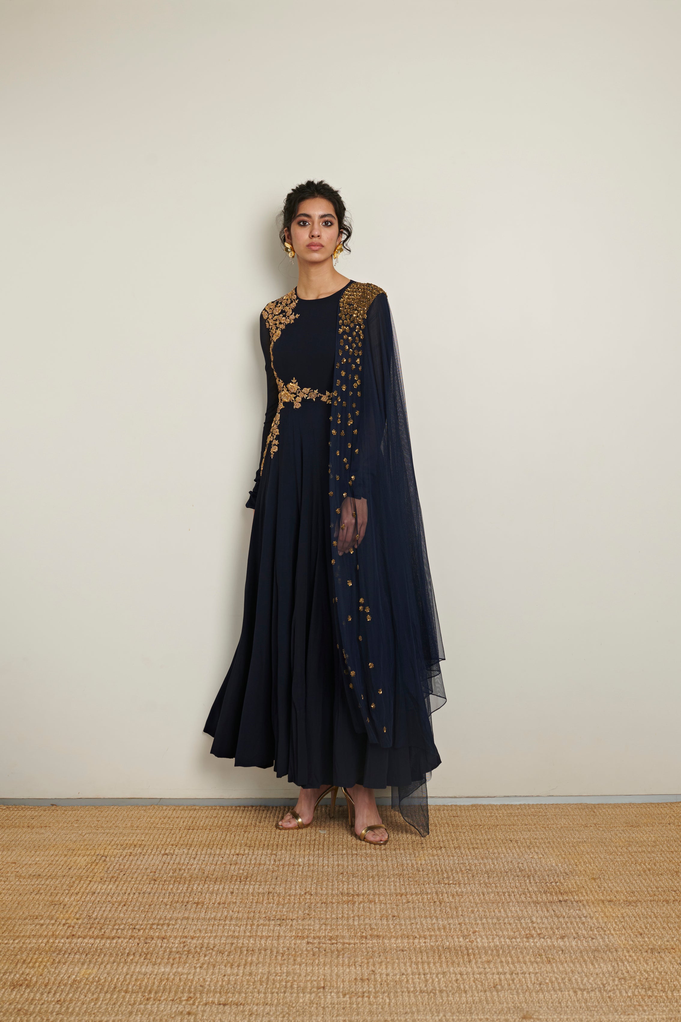 Riddhi Mehra Dark Blue Zari Work Anarkali With Attached Dupatta