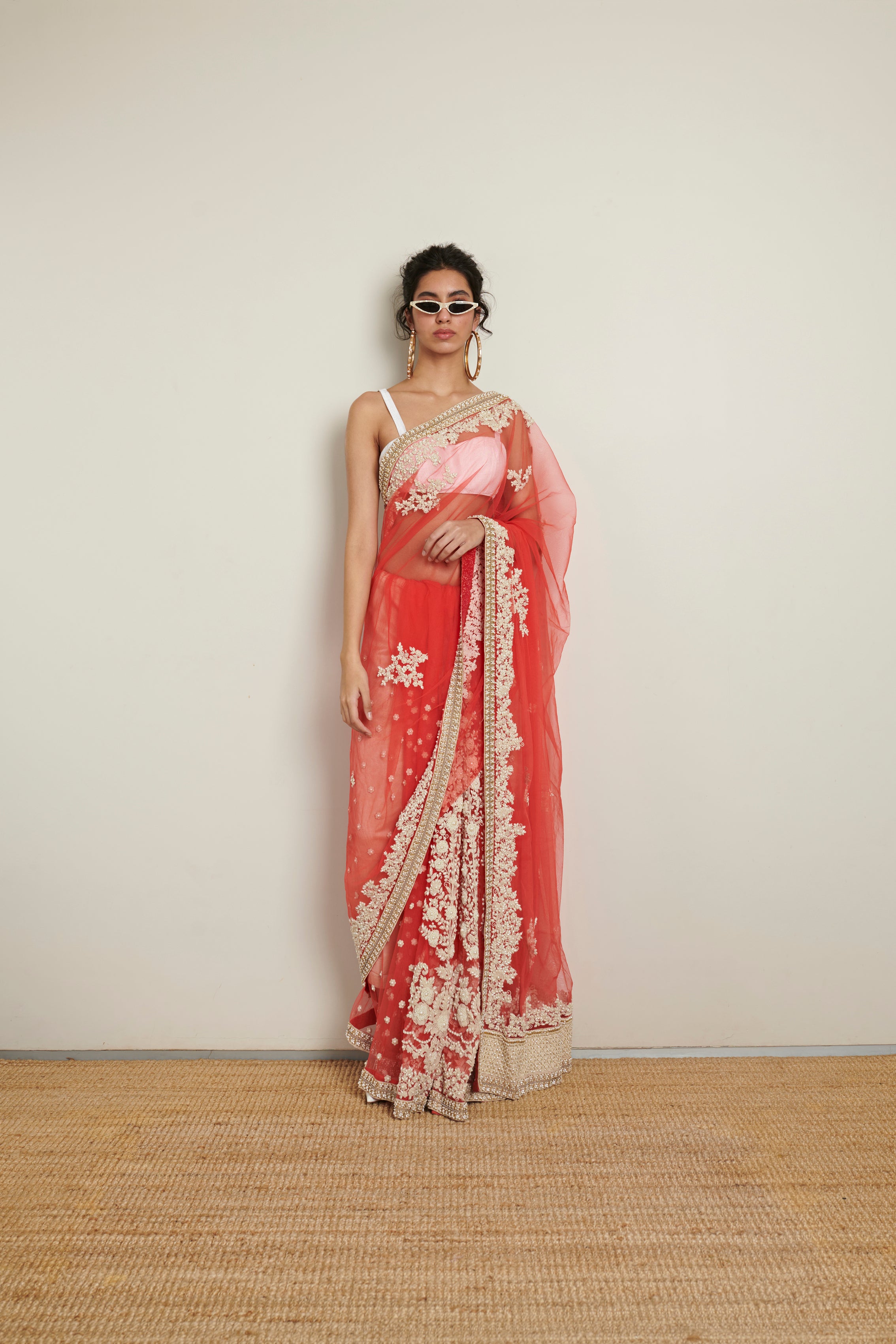 Sabyasachi Red & White Saree With Thread & Pearl Work