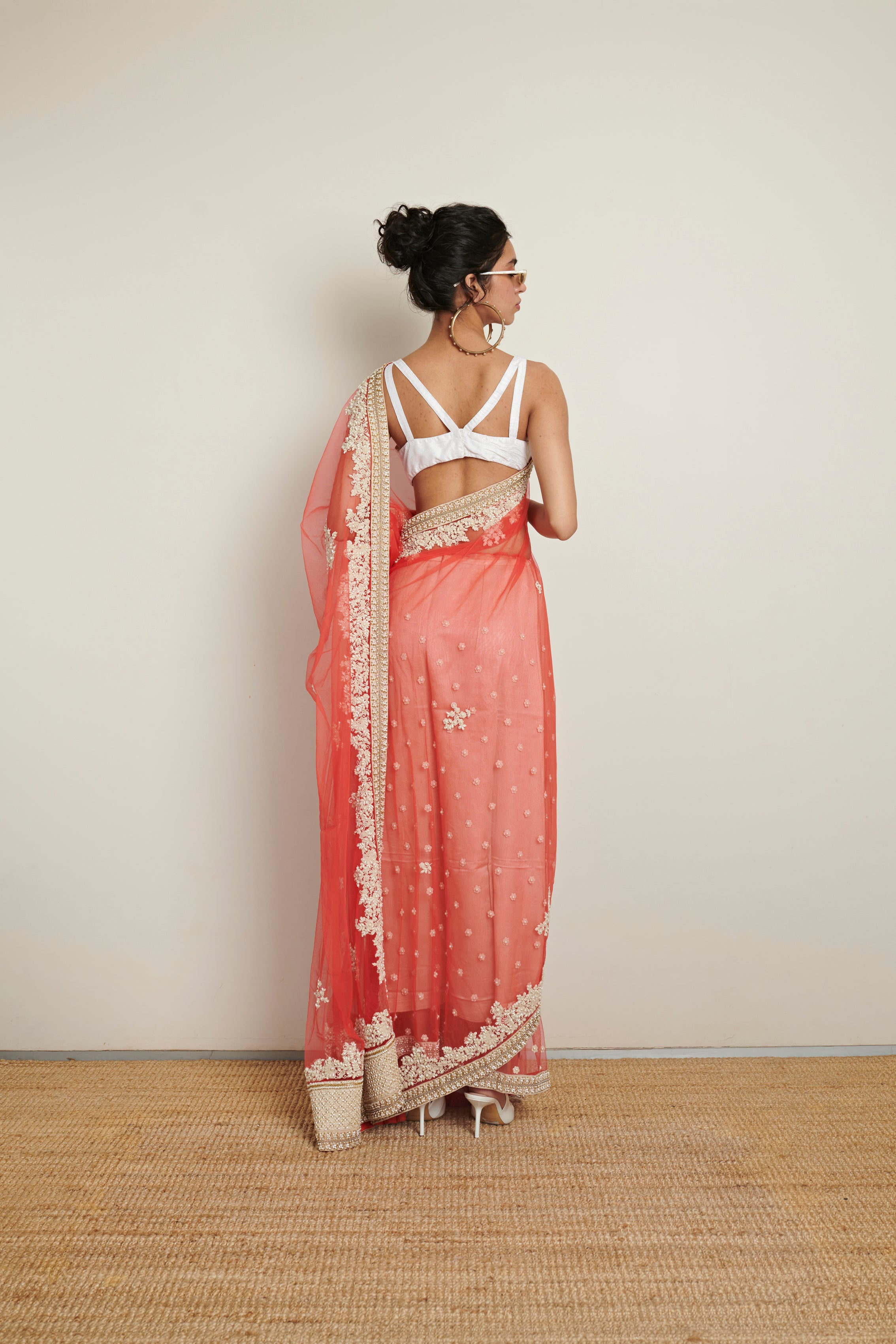 Sabyasachi Red & White Saree With Thread & Pearl Work