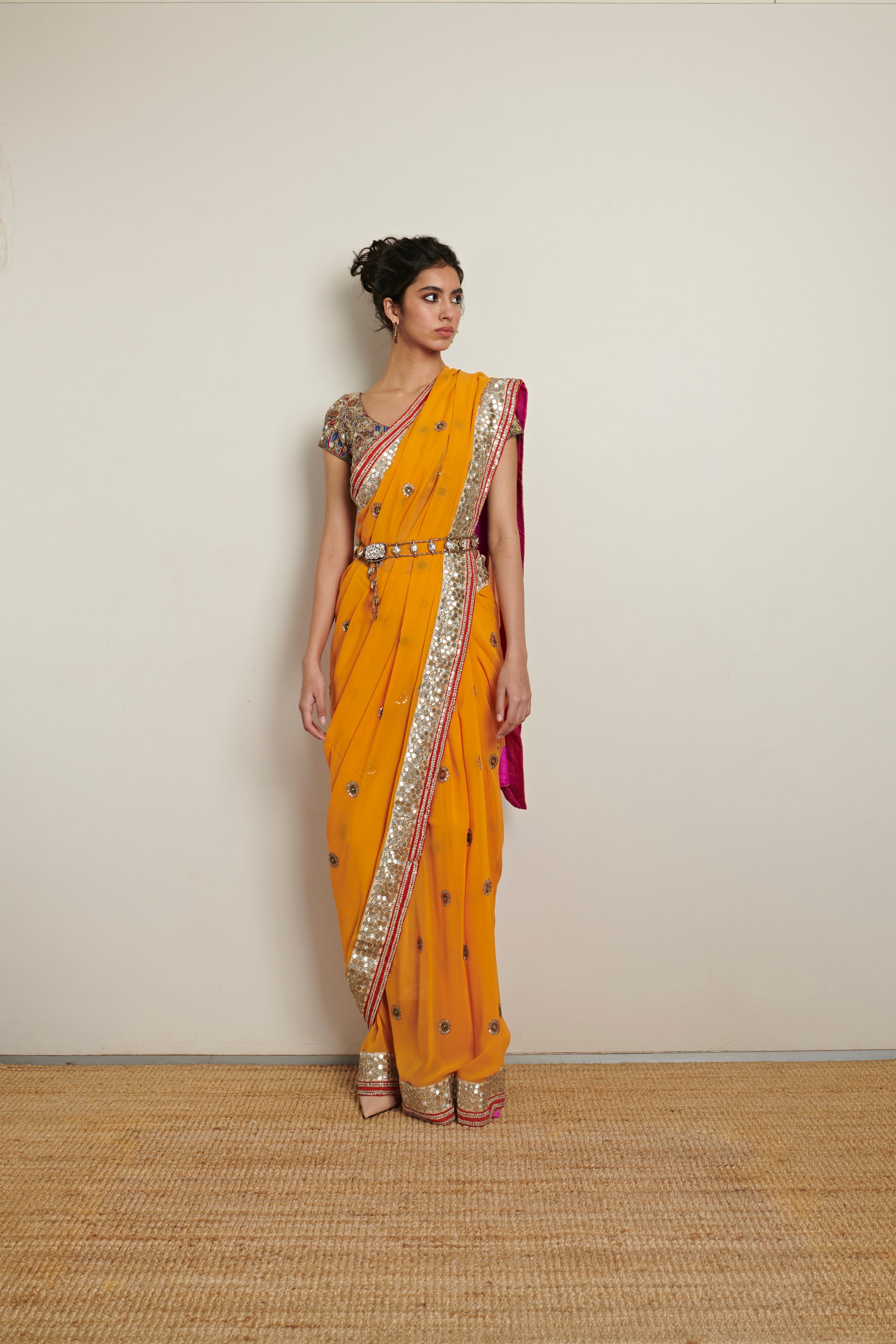 Yellow Floral Print Pre-Draped Sari Set | Drishti & Zahabia – KYNAH