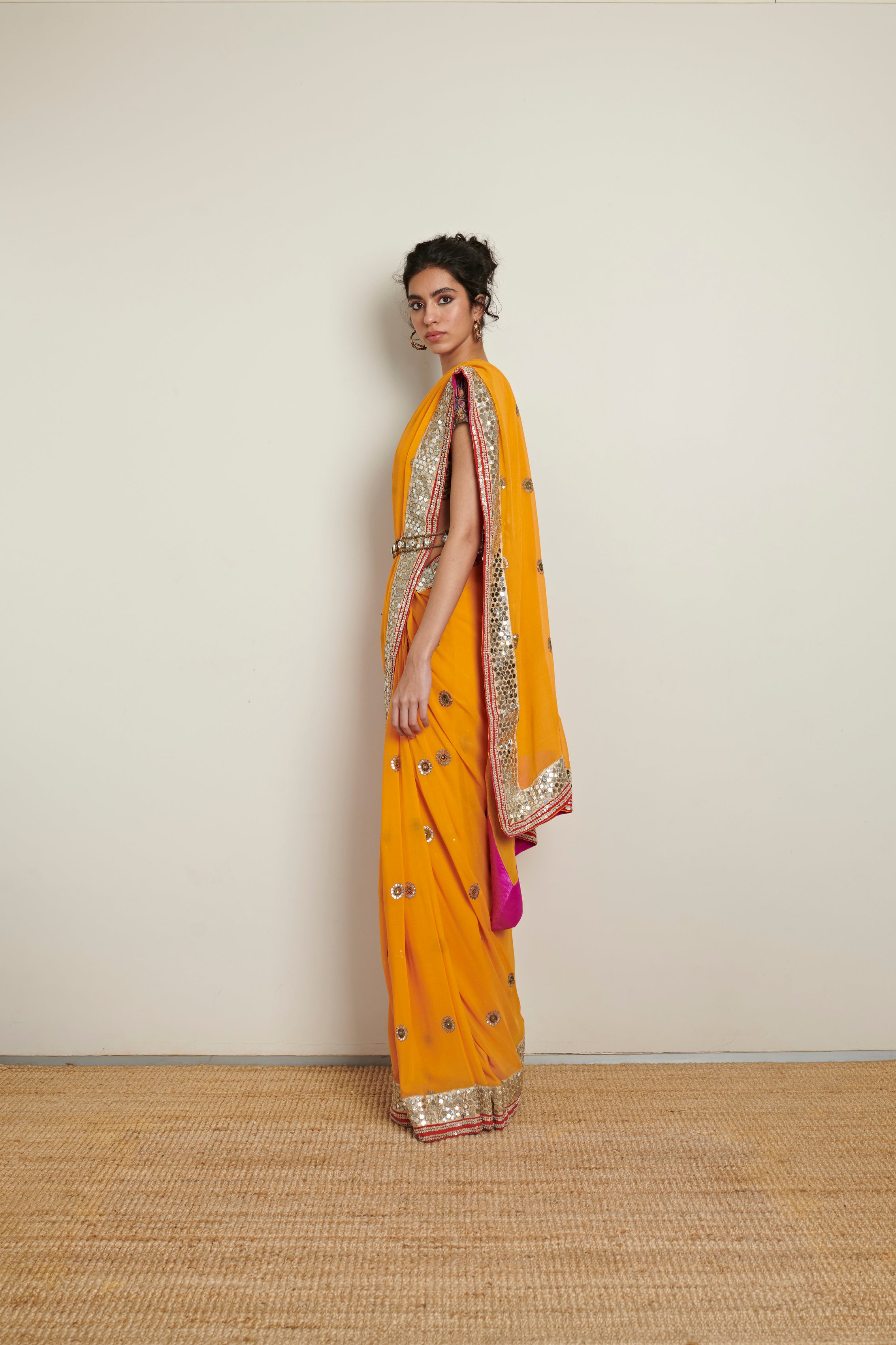 Anamika Khanna Mango Yellow Saree With Sequins Work