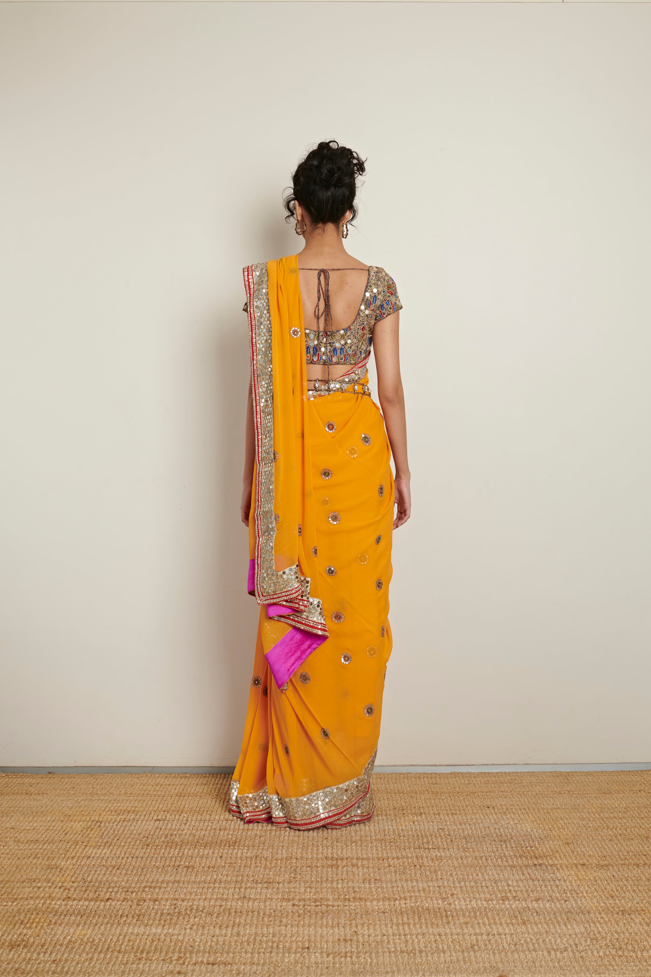 Anamika Khanna Mango Yellow Saree With Sequins Work